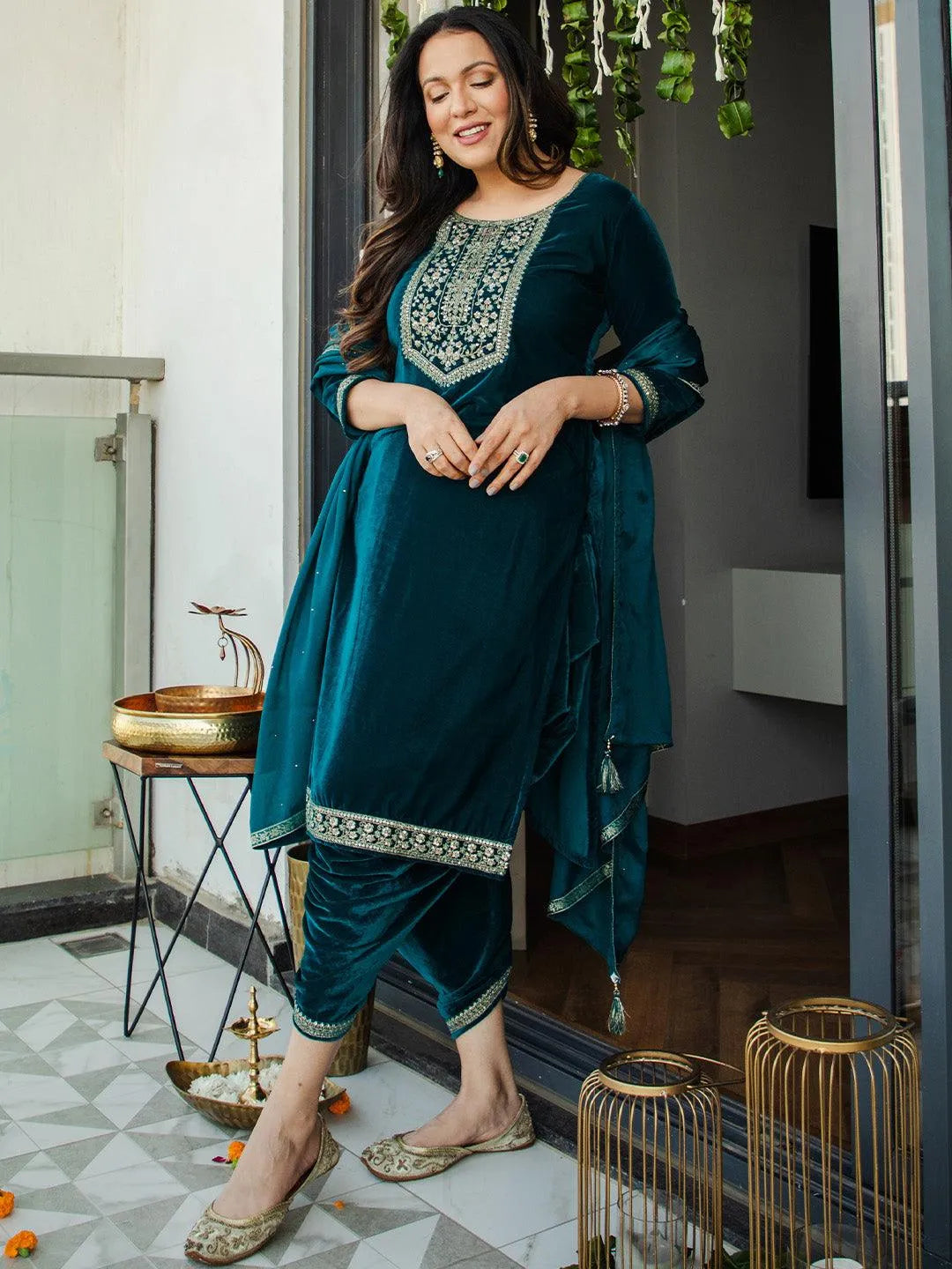 Teal Yoke Design Velvet Straight Suit Set - Libas 