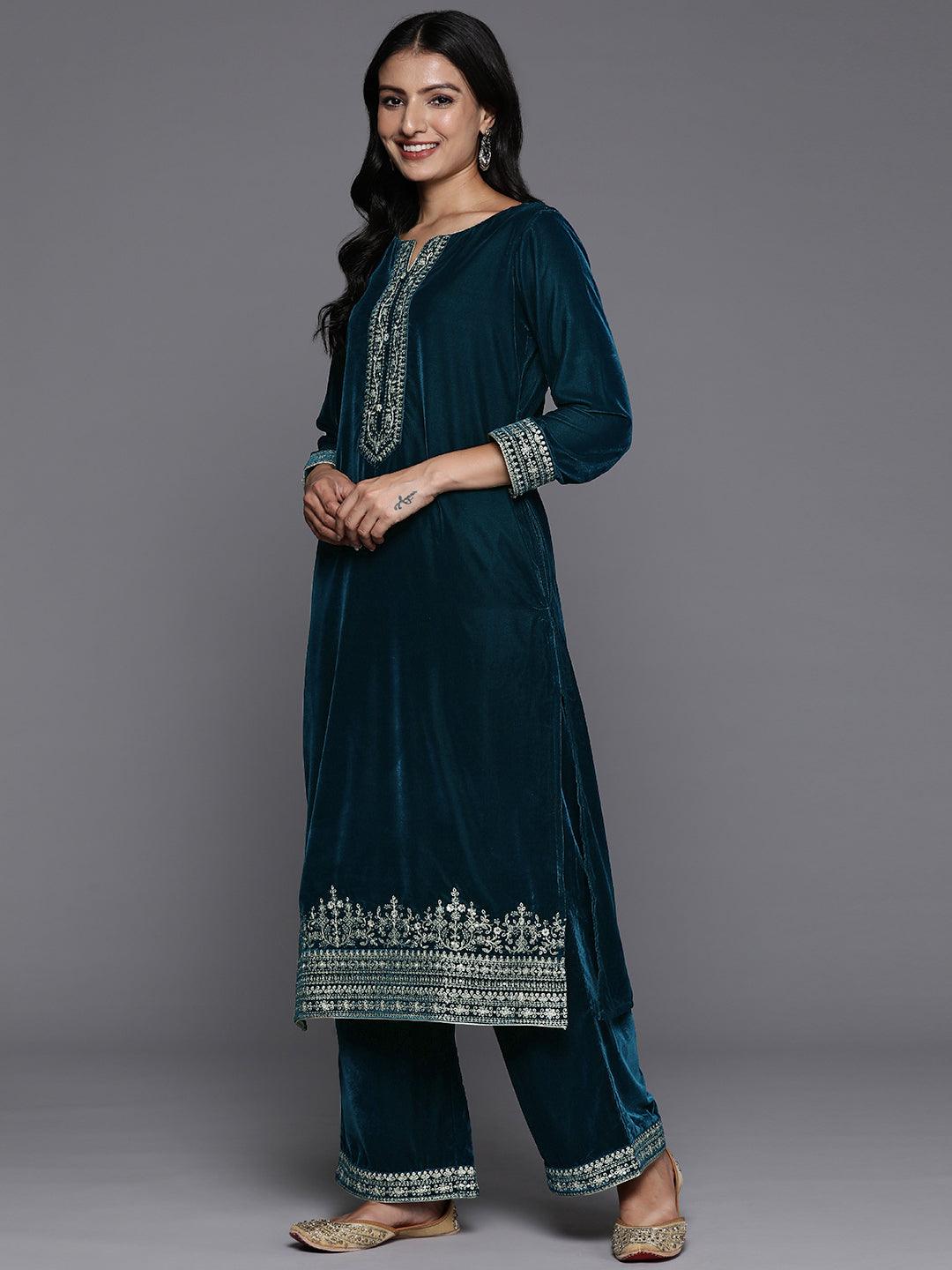 Teal Yoke Design Velvet Straight Kurta With Palazzos & Dupatta - Libas