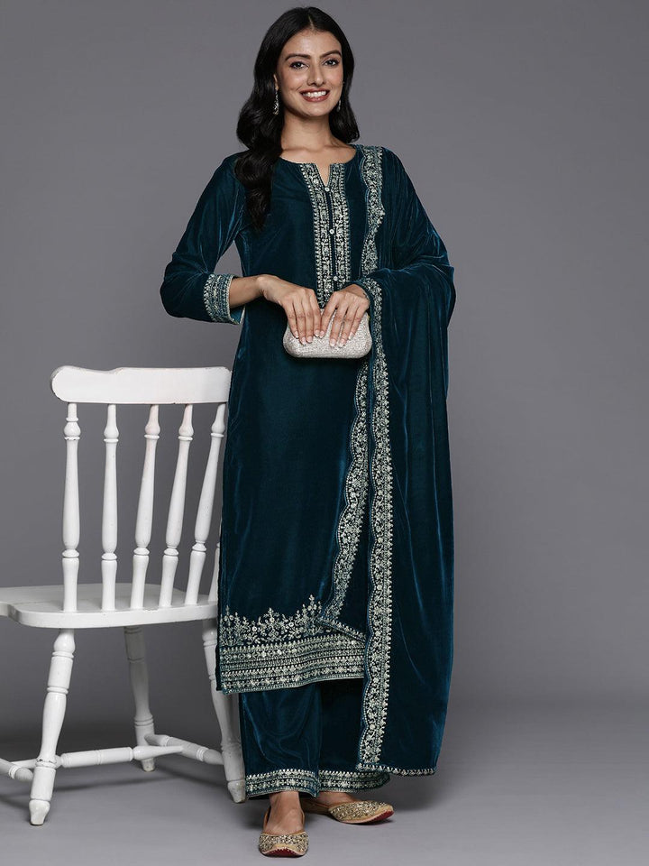 Teal Yoke Design Velvet Straight Kurta With Palazzos & Dupatta - Libas