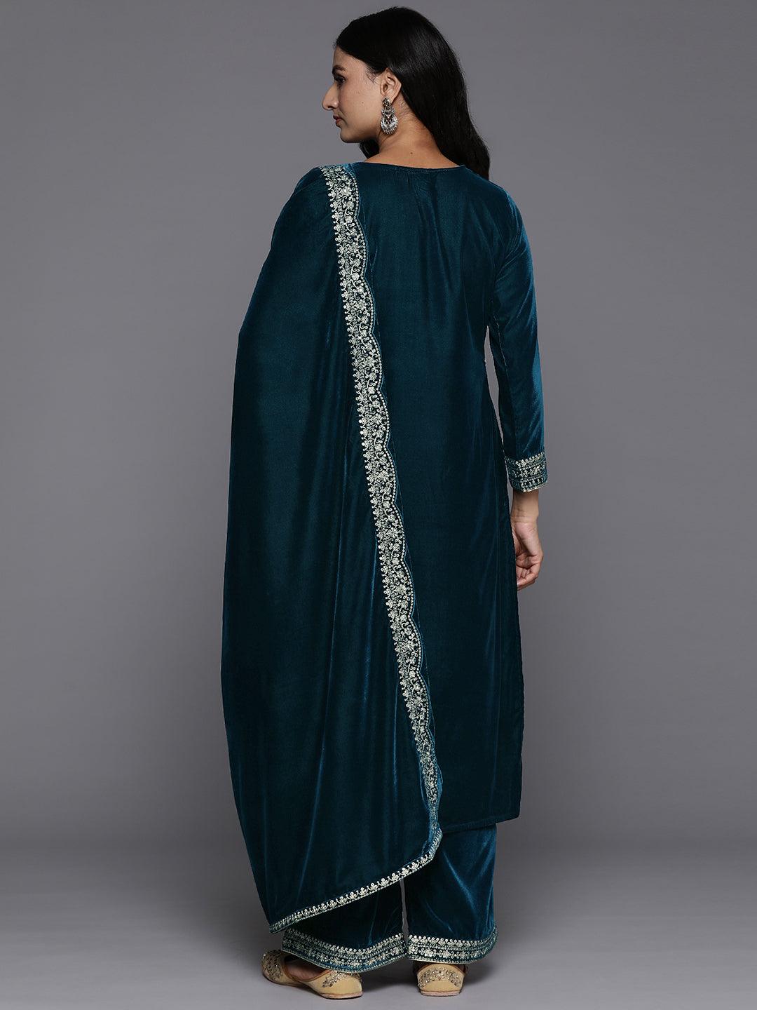 Teal Yoke Design Velvet Straight Kurta With Palazzos & Dupatta - Libas