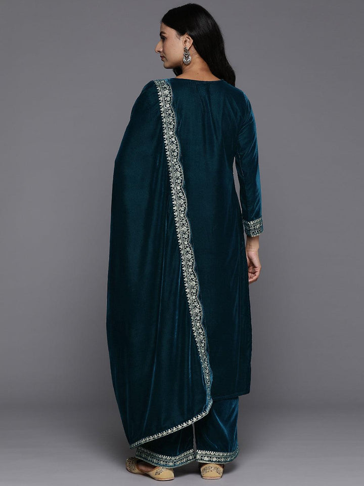 Teal Yoke Design Velvet Straight Kurta With Palazzos & Dupatta - Libas