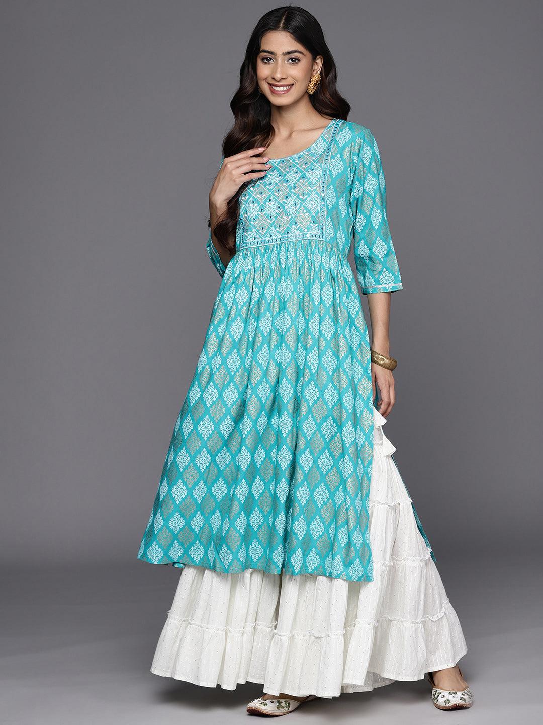 Turquoise Blue Embellished Rayon A-Line Kurta - Libas