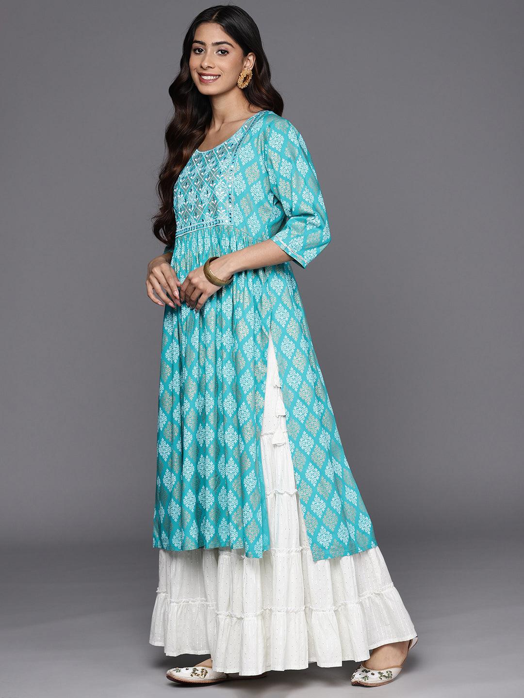 Turquoise Blue Embellished Rayon A-Line Kurta - Libas 