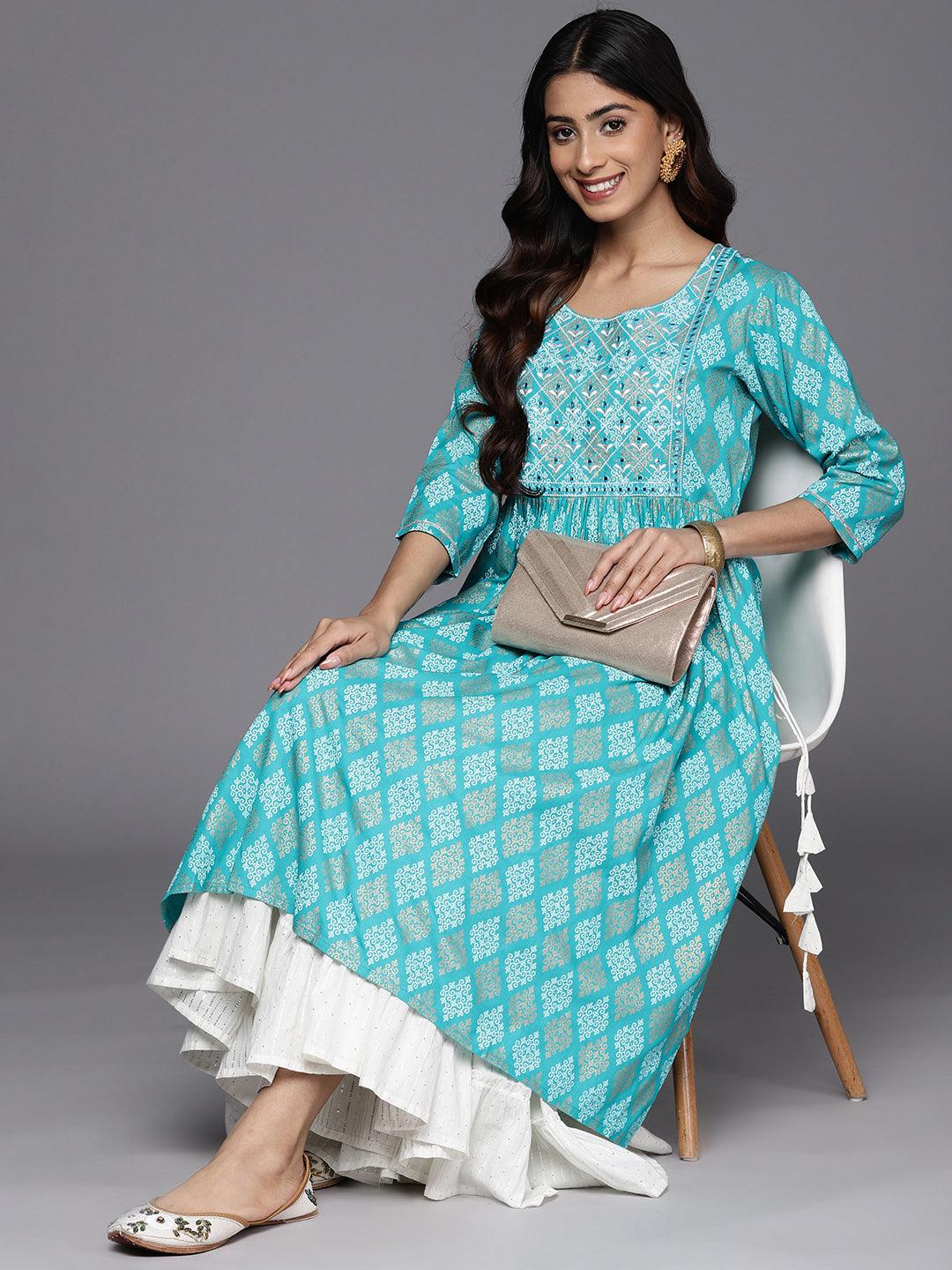 Turquoise Blue Embellished Rayon A-Line Kurta - Libas