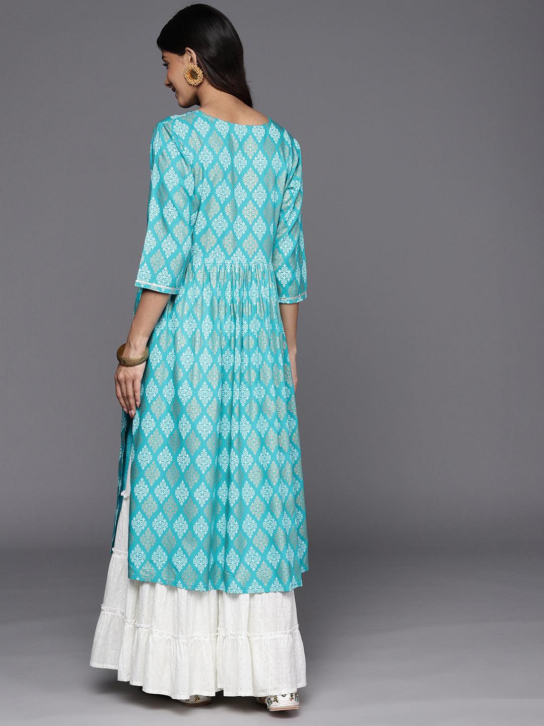 Turquoise Blue Embellished Rayon A-Line Kurta - Libas 