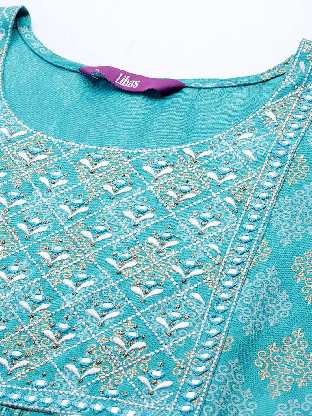 Turquoise Blue Embellished Rayon A-Line Kurta - Libas