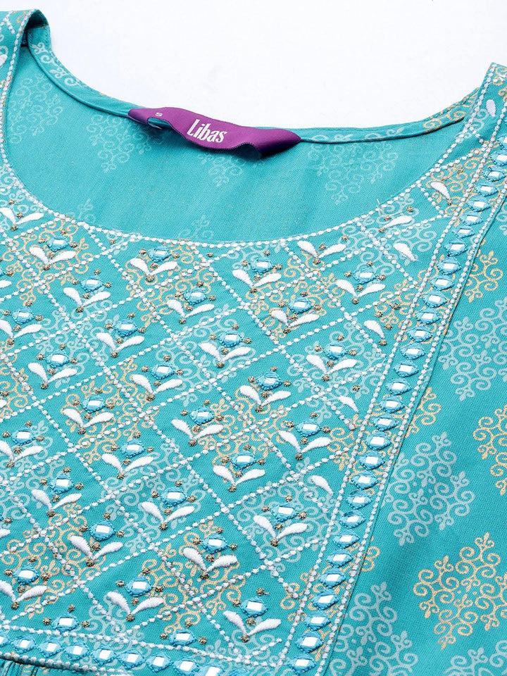 Turquoise Blue Embellished Rayon A-Line Kurta - Libas