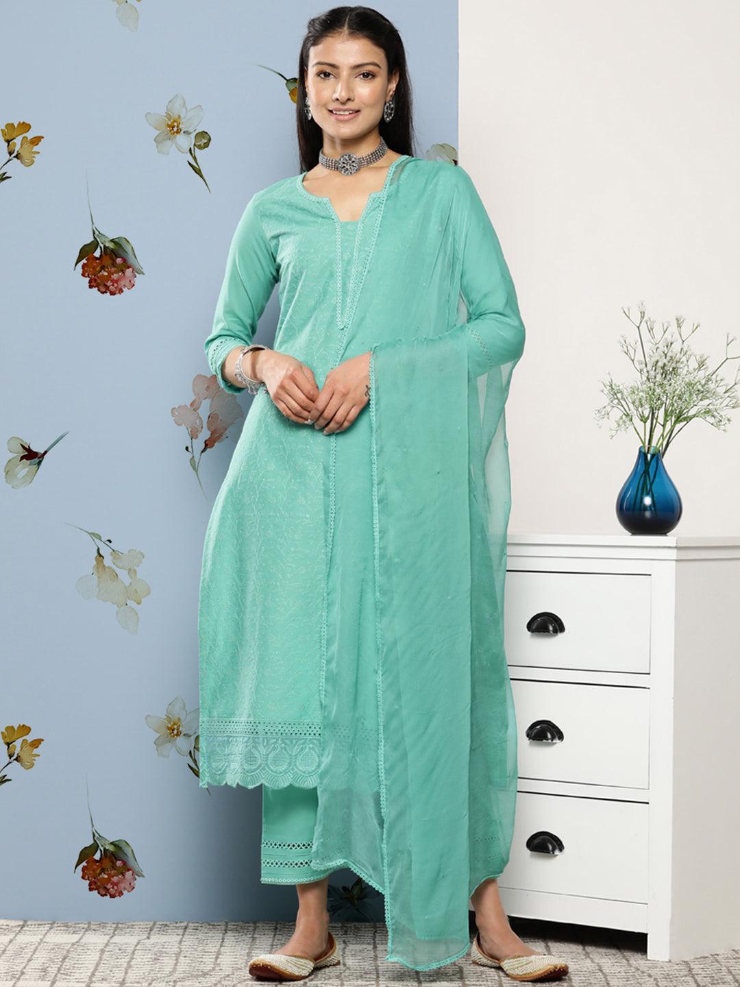 Turquoise Blue Embroidered Cotton Straight Kurta With Trousers & Dupatta