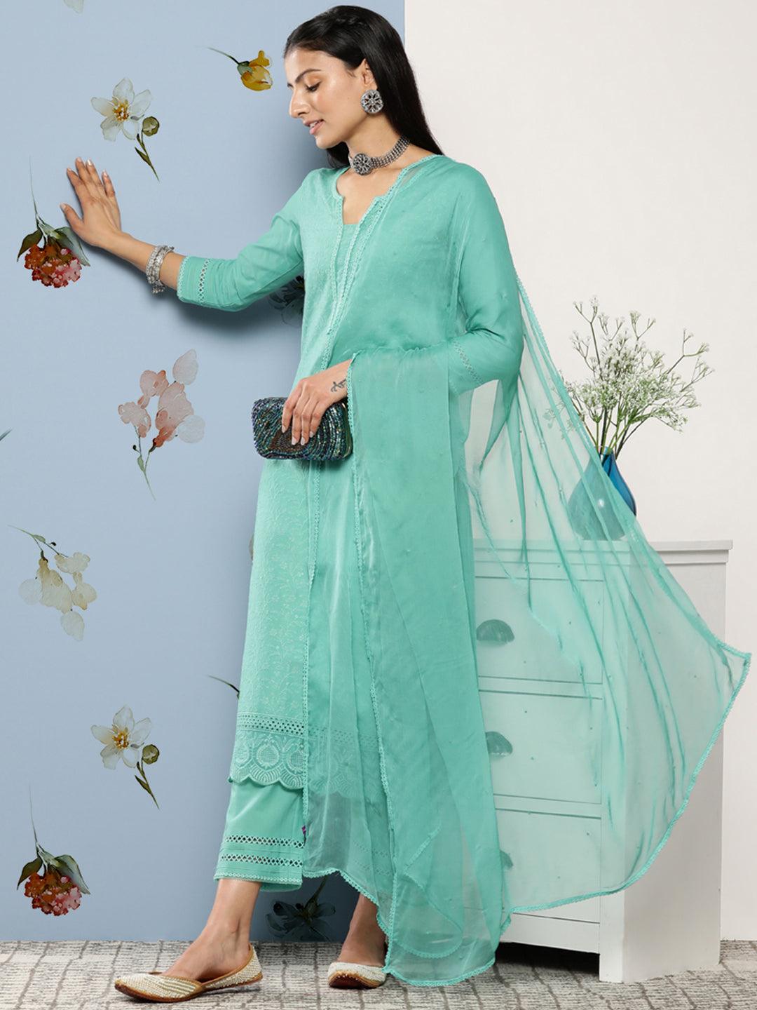 Turquoise Blue Embroidered Cotton Straight Kurta With Trousers & Dupatta