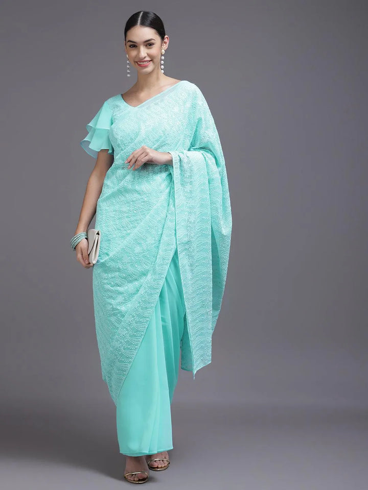 Turquoise Blue Embroidered Georgette Saree - Libas