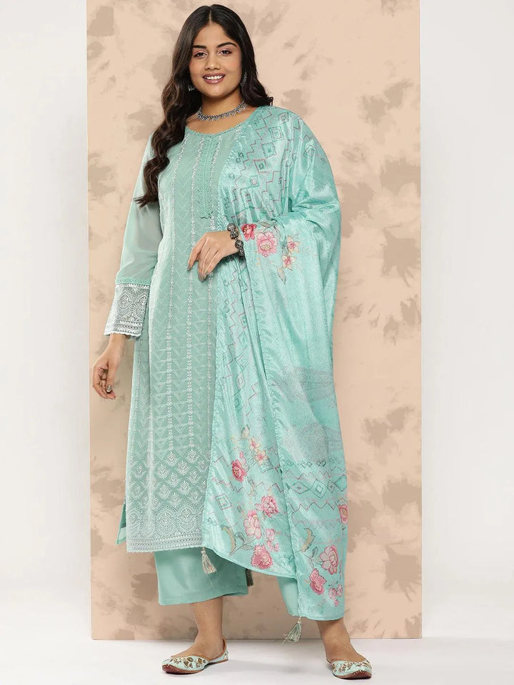 Turquoise Blue Embroidered Georgette Straight Kurta With Trousers and Dupatta - Libas