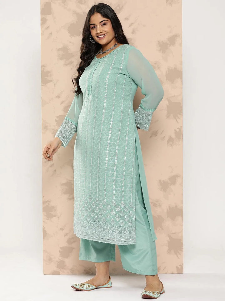 Turquoise Blue Embroidered Georgette Straight Kurta With Trousers and Dupatta - Libas