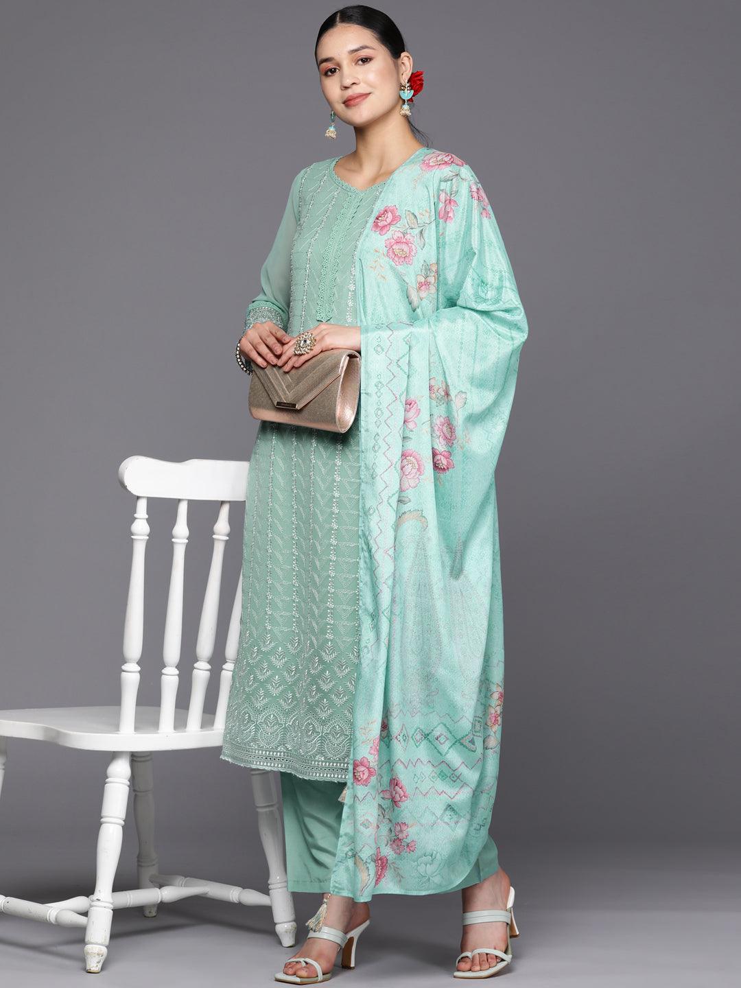 Turquoise Blue Embroidered Georgette Straight Kurta With Trousers & Dupatta