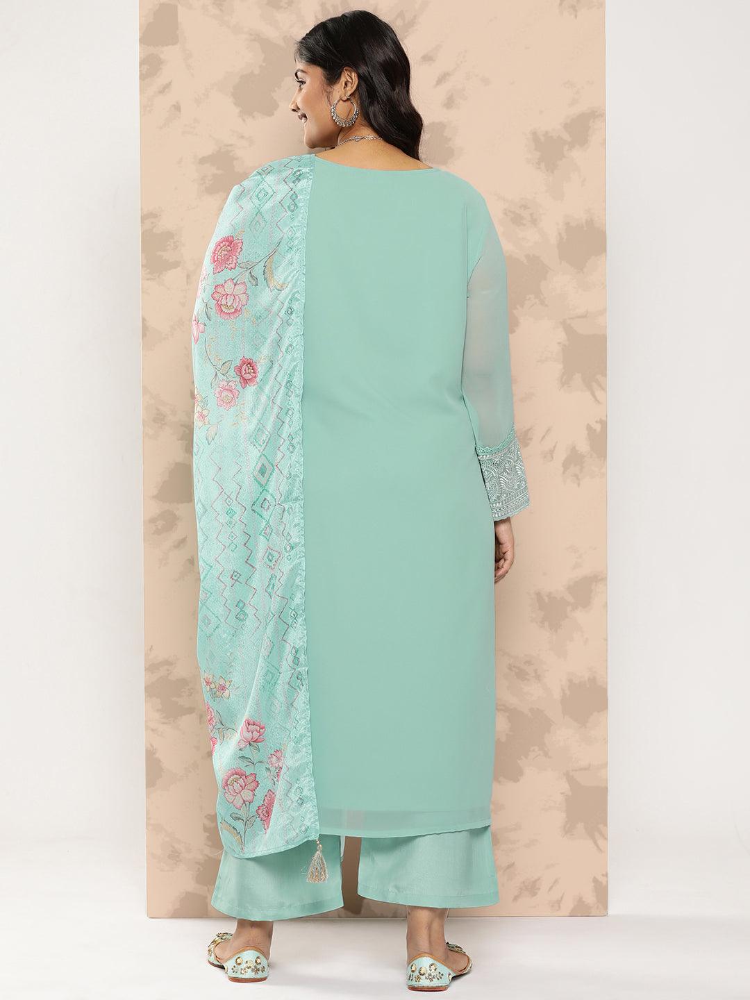 Turquoise Blue Embroidered Georgette Straight Kurta With Trousers and Dupatta - Libas