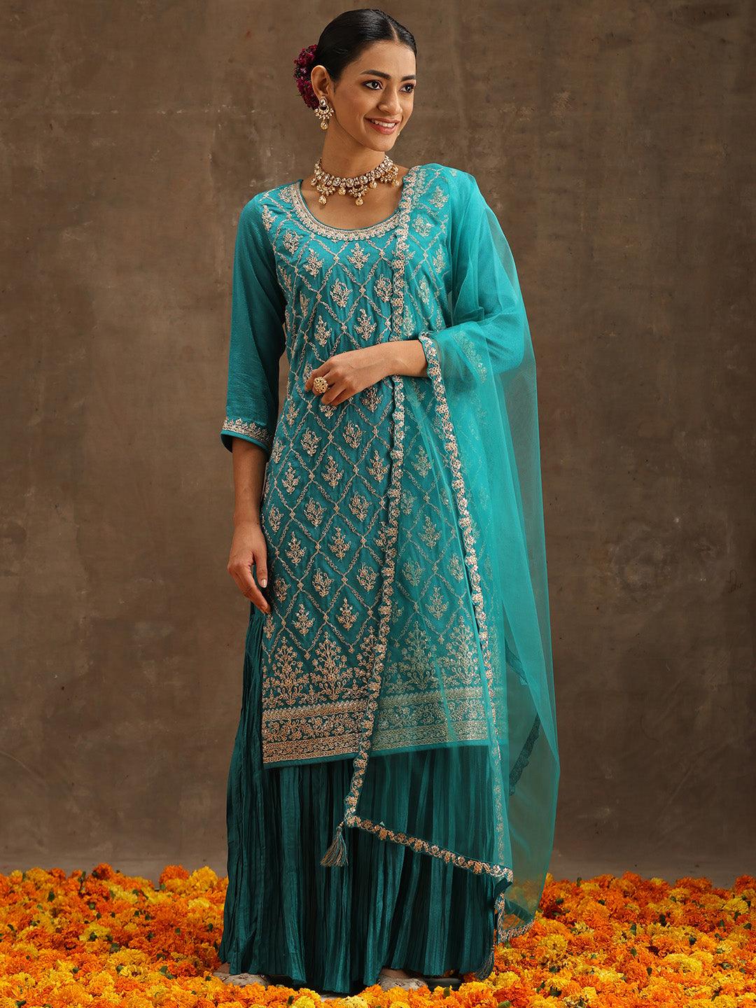 Turquoise Blue Embroidered Silk Blend Straight Sharara Suit Set With Dupatta