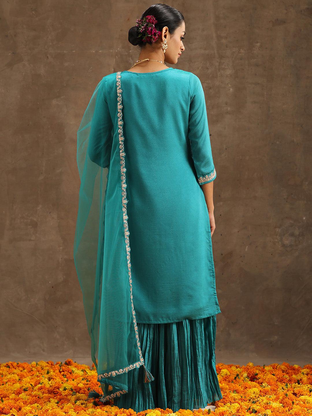 Turquoise Blue Embroidered Silk Blend Straight Sharara Suit Set With Dupatta