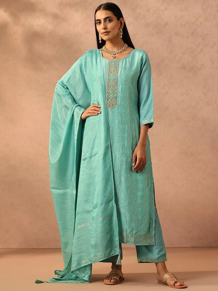 Turquoise Blue Embroidered Silk Blend Suit Set With Trousers - Libas