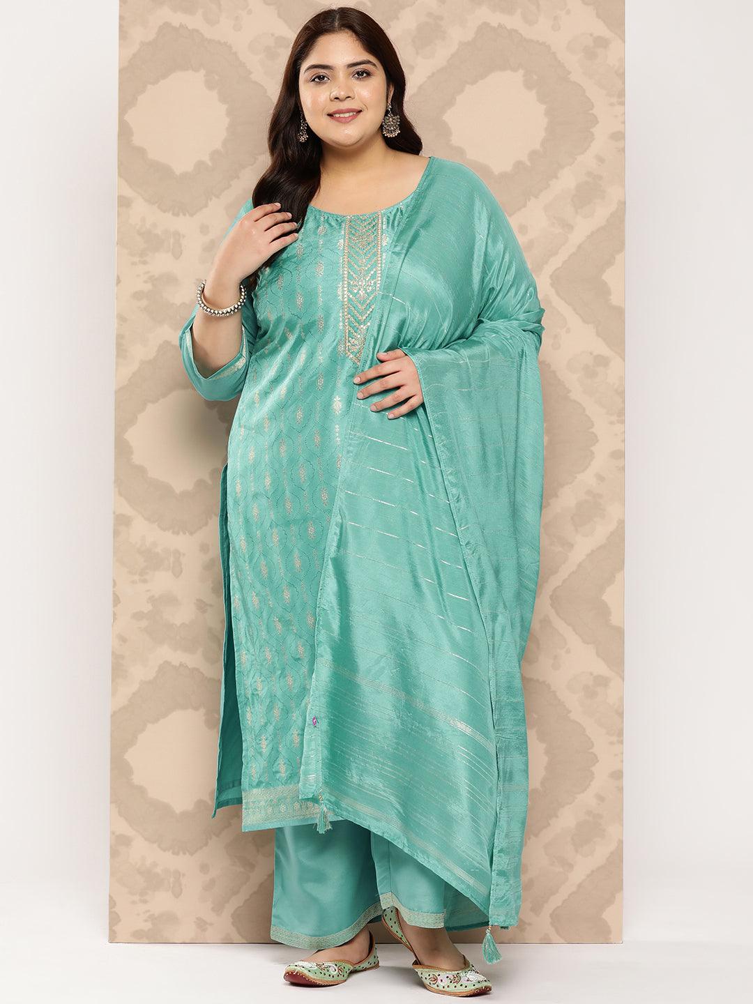 Turquoise Blue Embroidered Silk Blend Straight Kurta With Trousers and Dupatta - Libas