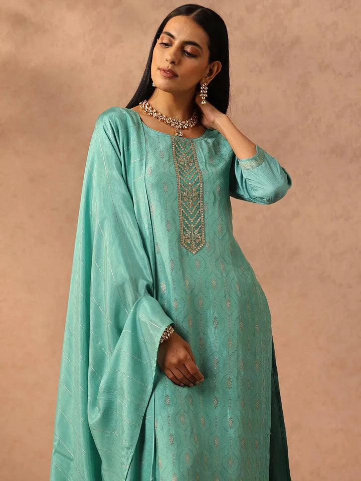 Turquoise Blue Embroidered Silk Blend Suit Set With Trousers - Libas