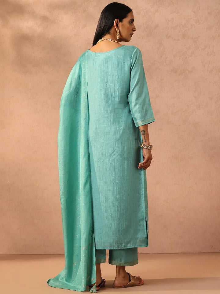 Turquoise Blue Embroidered Silk Blend Suit Set With Trousers - Libas