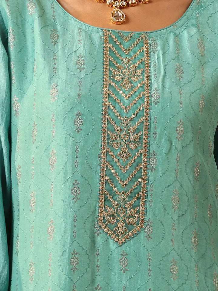 Turquoise Blue Embroidered Silk Blend Suit Set With Trousers - Libas