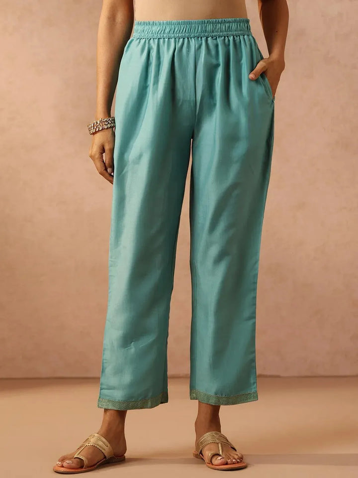 Turquoise Blue Embroidered Silk Blend Suit Set With Trousers - Libas