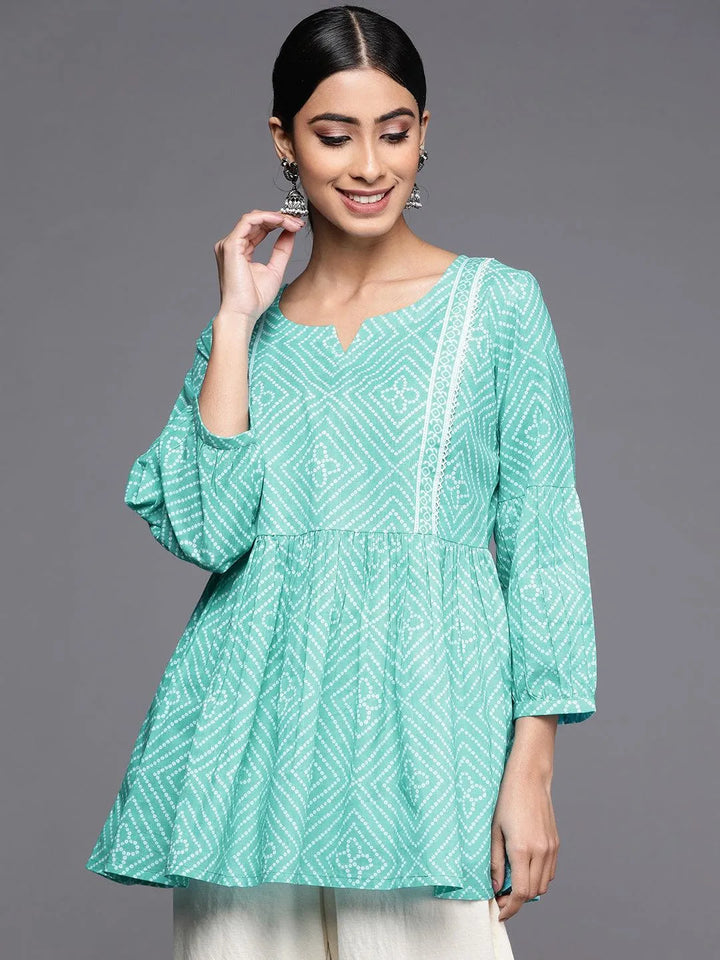 Turquoise Blue Printed Cotton A-Line Kurti - Libas