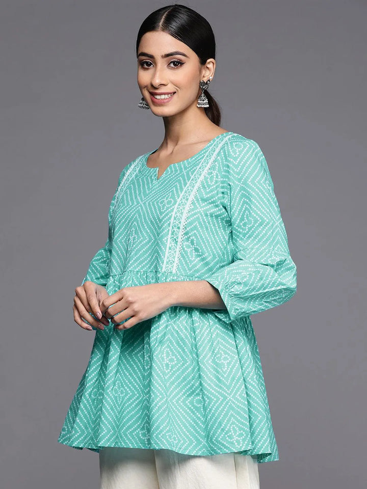 Turquoise Blue Printed Cotton A-Line Kurti - Libas