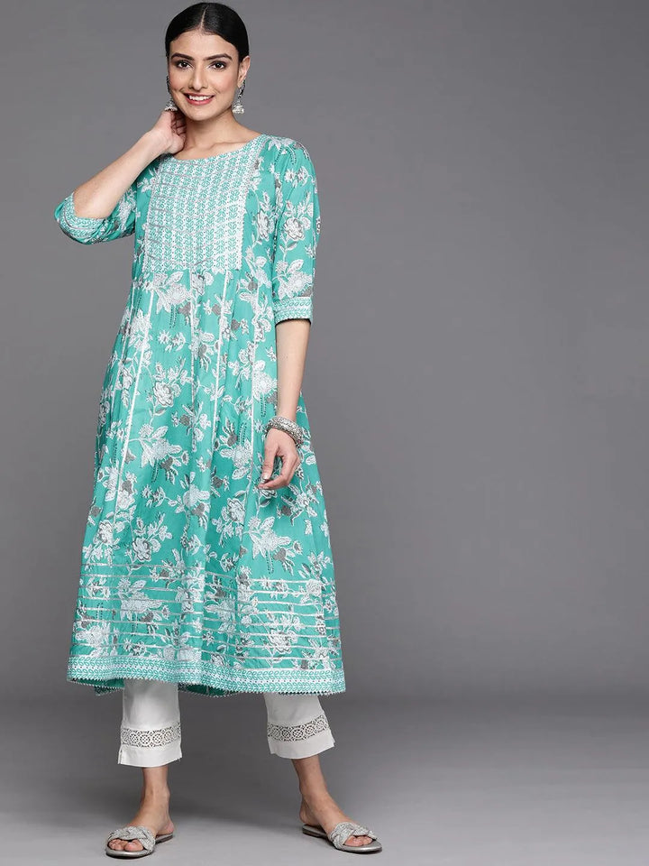 Turquoise Blue Printed Cotton Kurta - Libas