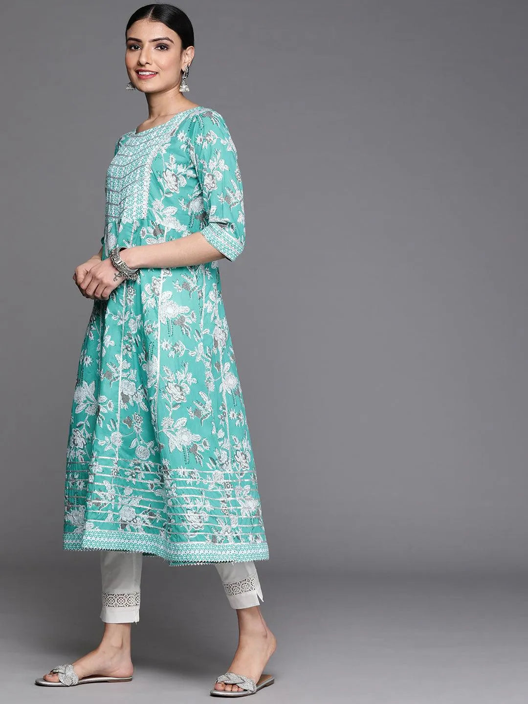 Turquoise Blue Printed Cotton Kurta - Libas 