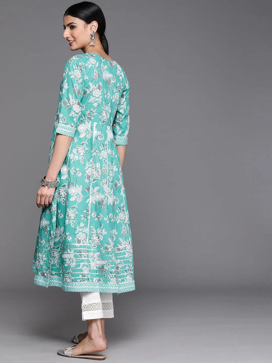 Turquoise Blue Printed Cotton Kurta - Libas 