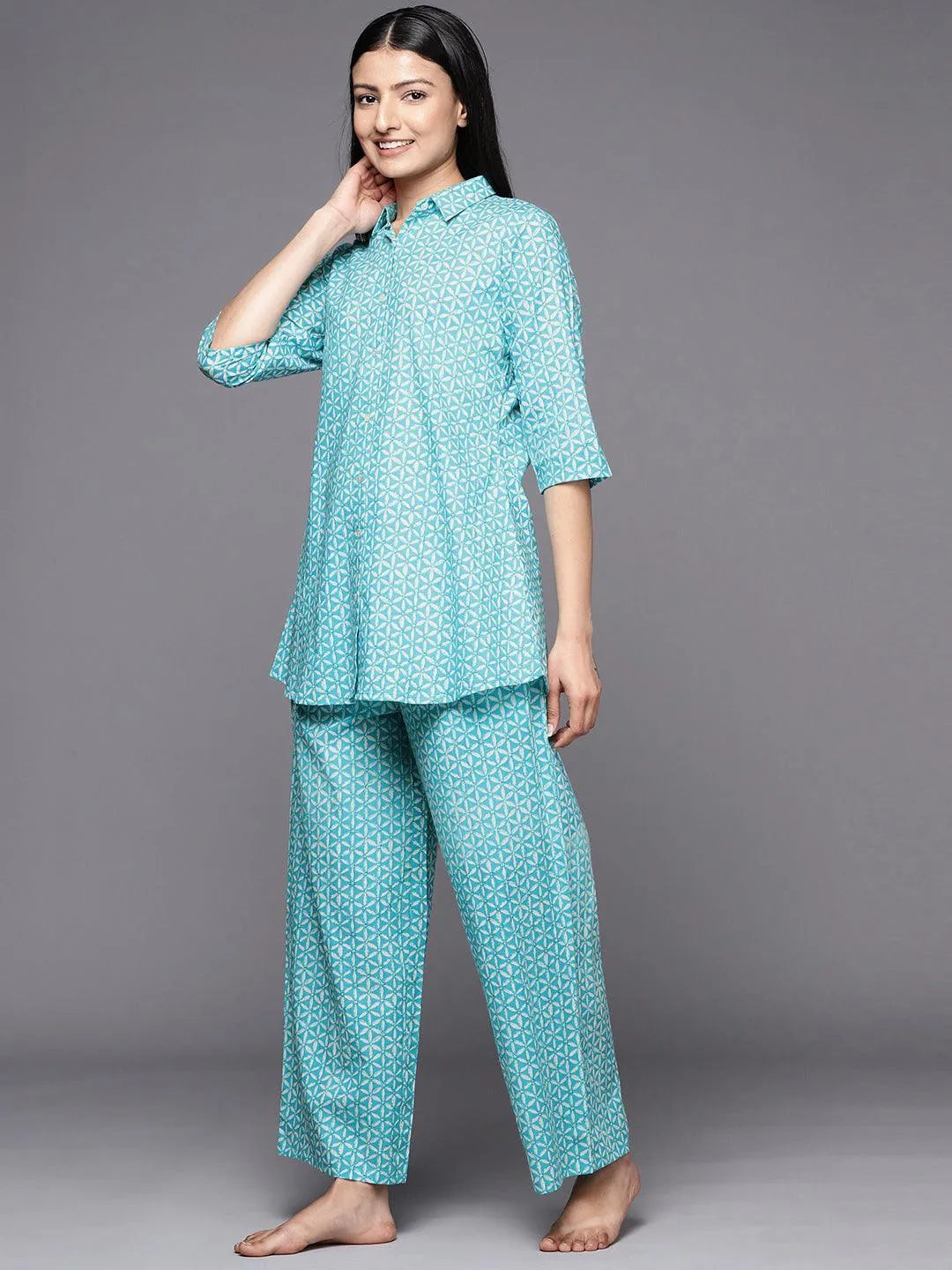 Turquoise Blue Printed Cotton Night Suit - Libas 