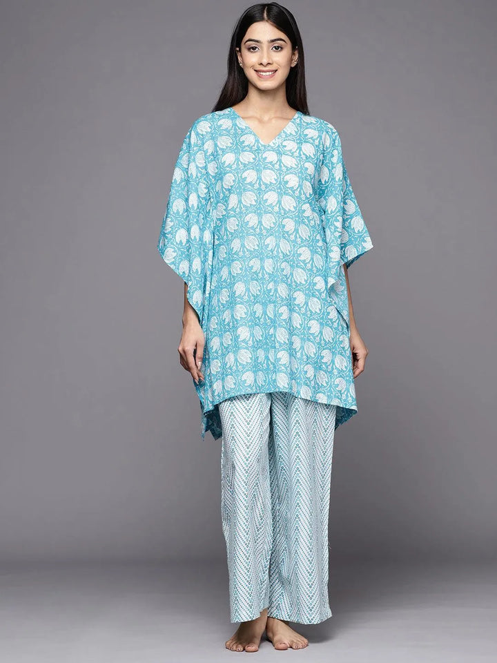 Turquoise Blue Printed Cotton Night Suit - Libas