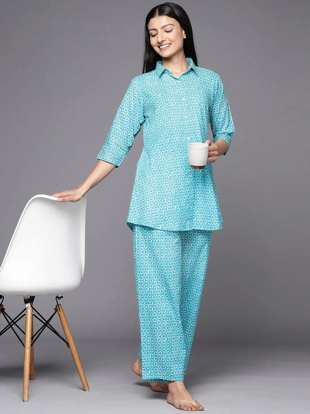 Turquoise Blue Printed Cotton Night Suit - Libas