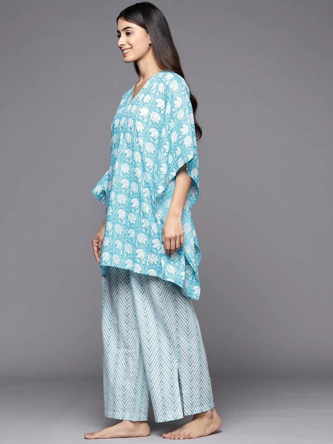 Turquoise Blue Printed Cotton Night Suit - Libas