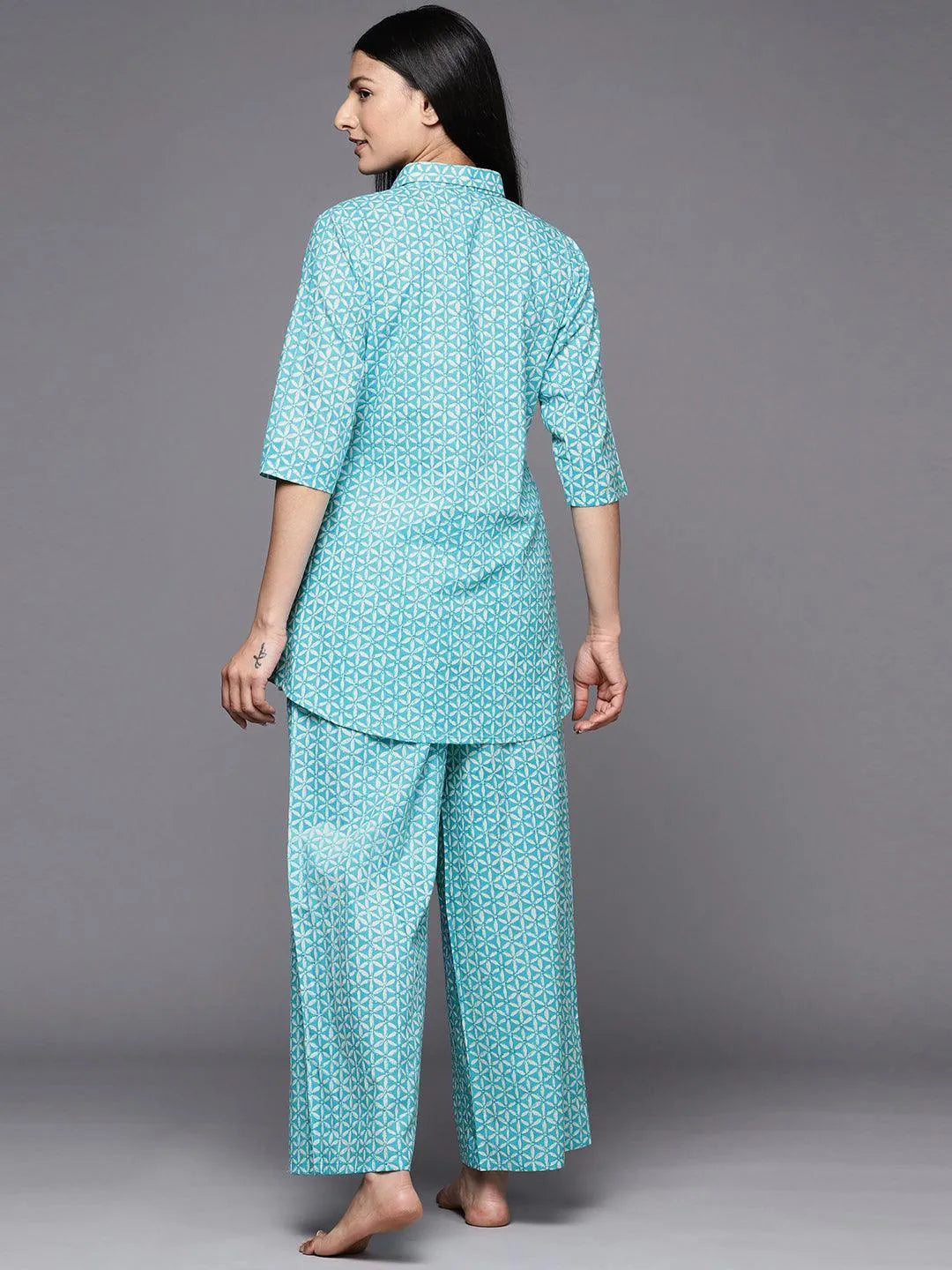 Turquoise Blue Printed Cotton Night Suit - Libas 