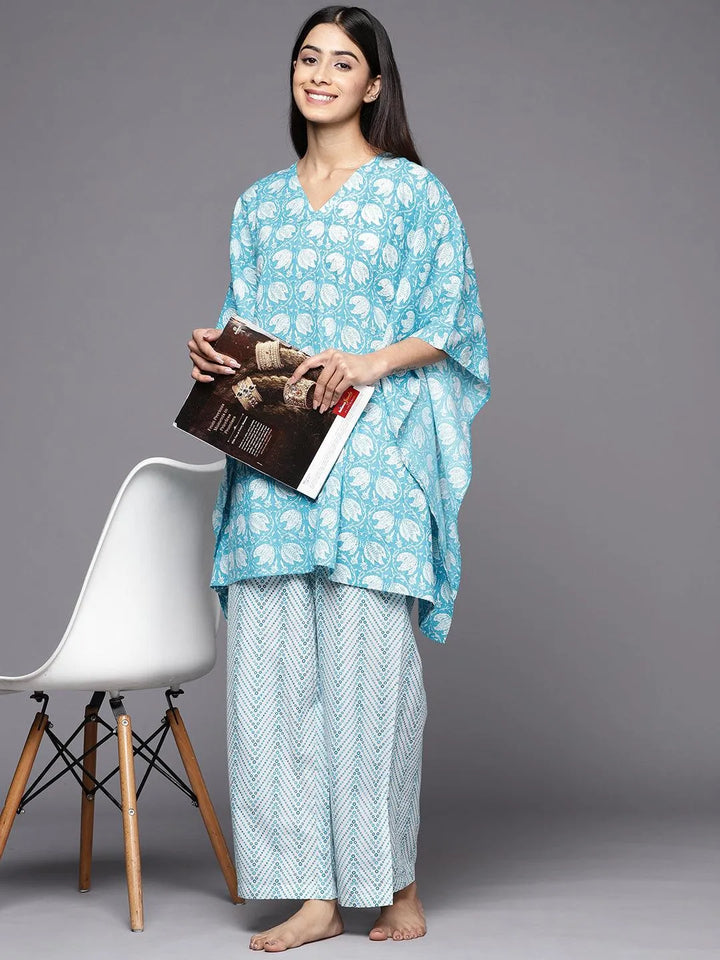 Turquoise Blue Printed Cotton Night Suit - Libas