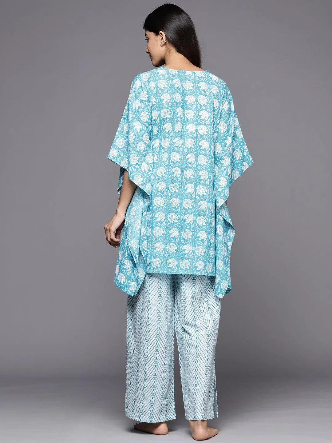 Turquoise Blue Printed Cotton Night Suit - Libas