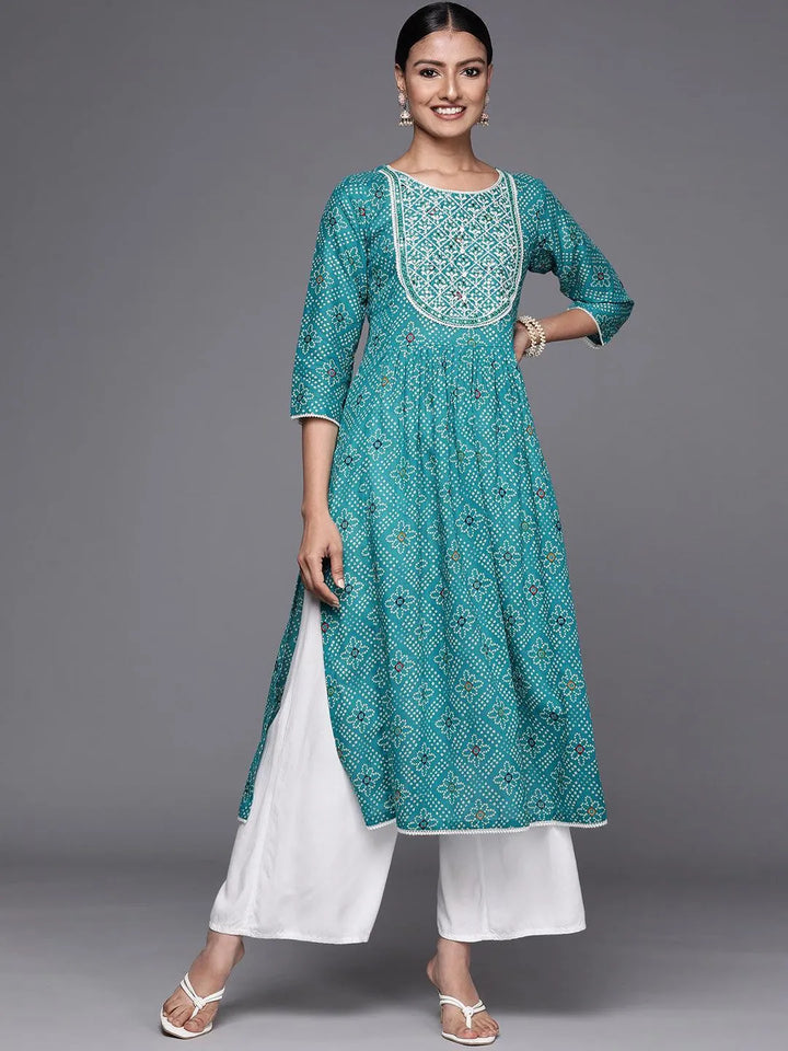 Turquoise Blue Printed Cotton Straight Kurta - Libas