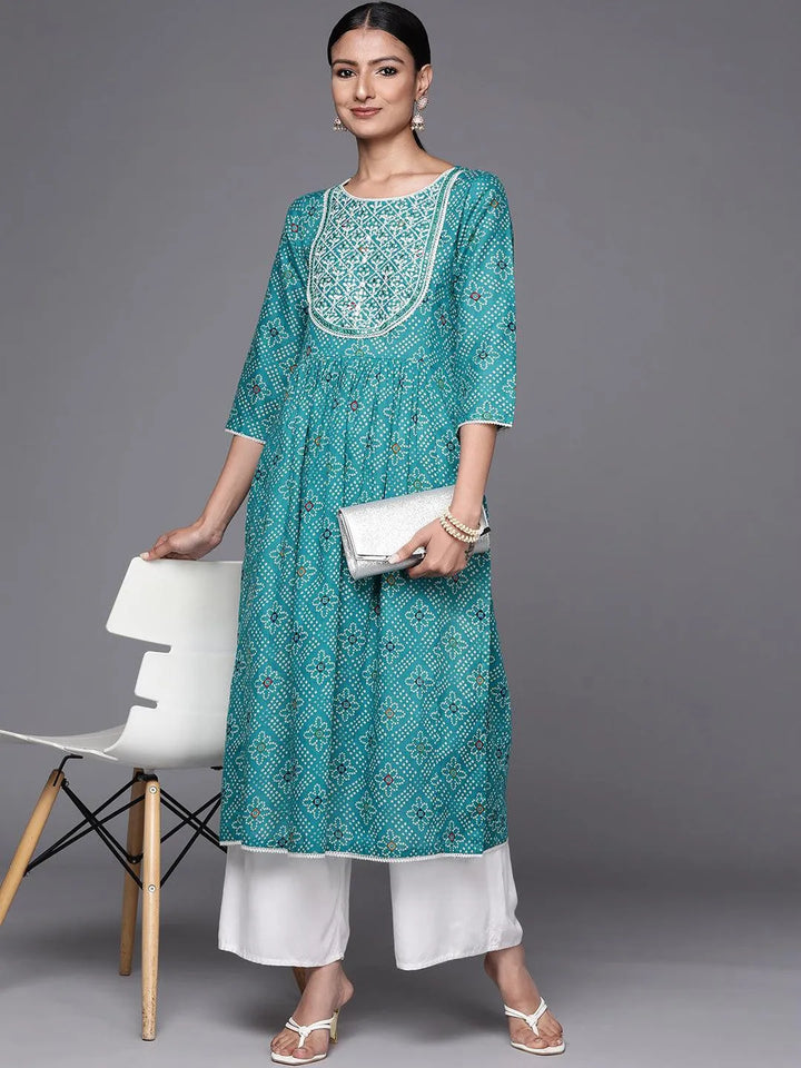 Turquoise Blue Printed Cotton Straight Kurta - Libas