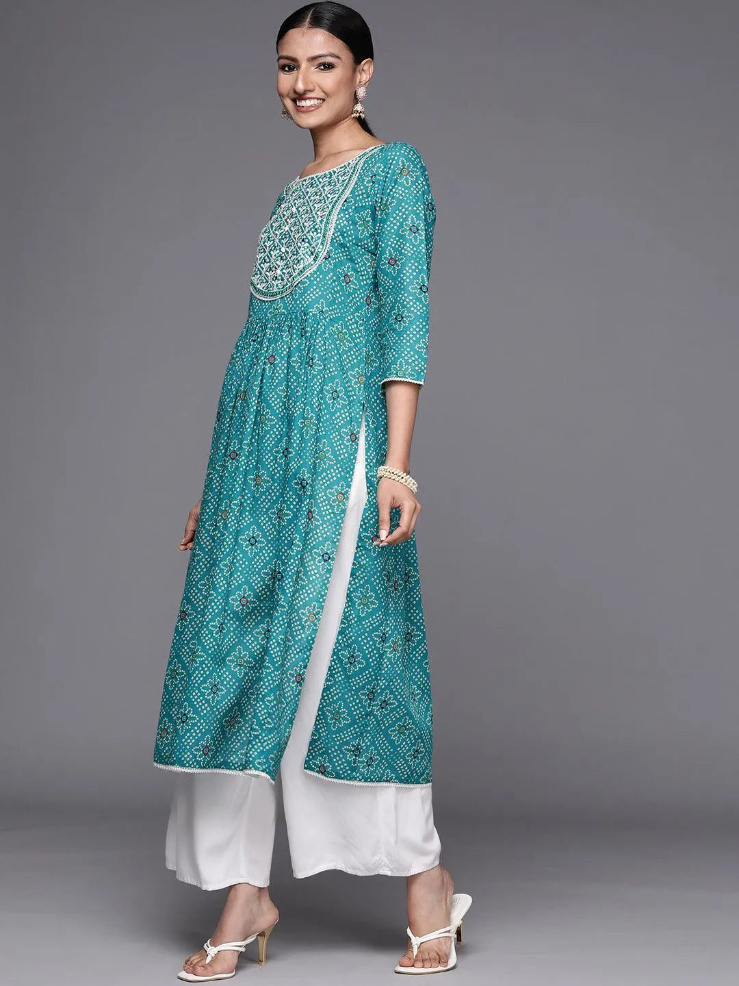 Turquoise Blue Printed Cotton Straight Kurta - Libas