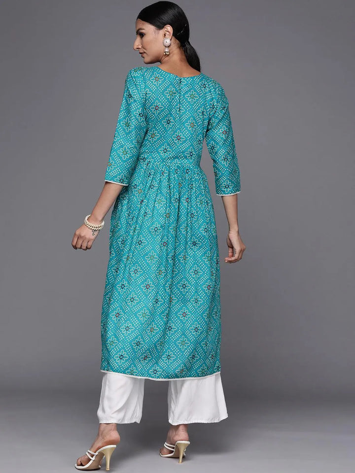 Turquoise Blue Printed Cotton Straight Kurta - Libas