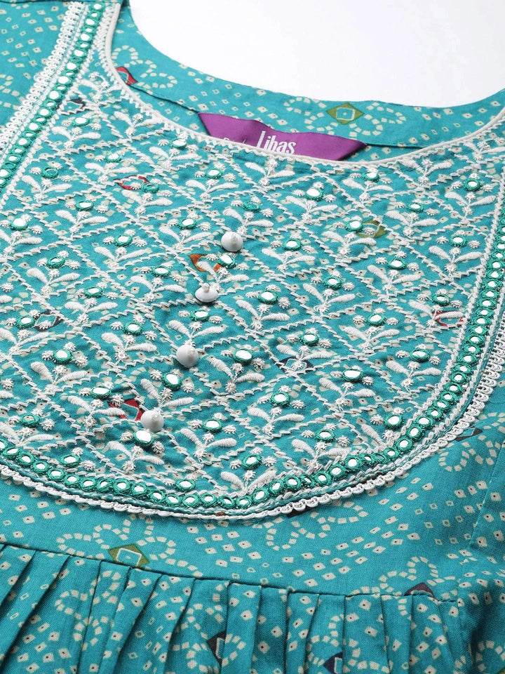 Turquoise Blue Printed Cotton Straight Kurta - Libas