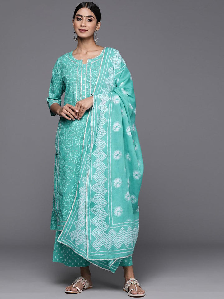 Turquoise Blue Printed Cotton Straight Kurta With Palazzos & Dupatta - Libas