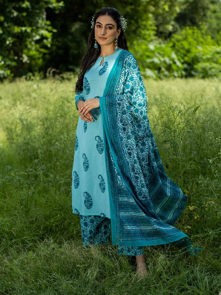 Turquoise Blue Printed Cotton Suit Set - Libas