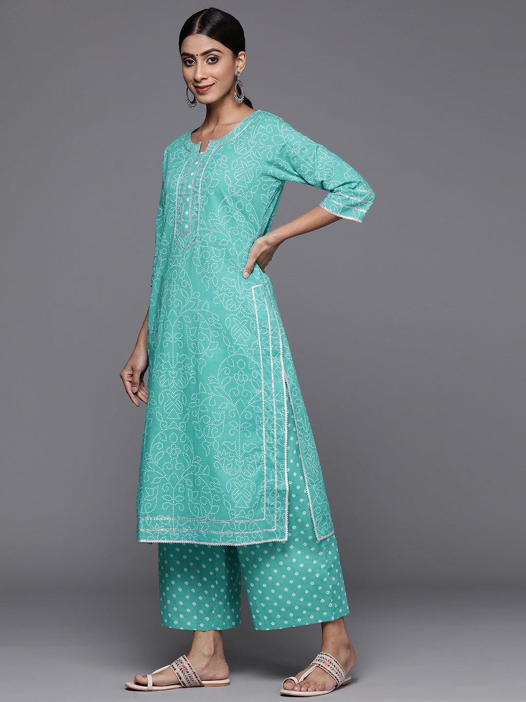 Turquoise Blue Printed Cotton Straight Kurta With Palazzos & Dupatta - Libas 