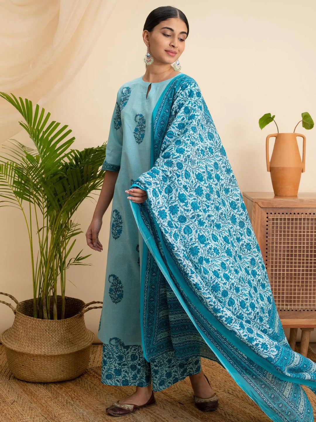 Turquoise Blue Printed Cotton Suit Set - Libas