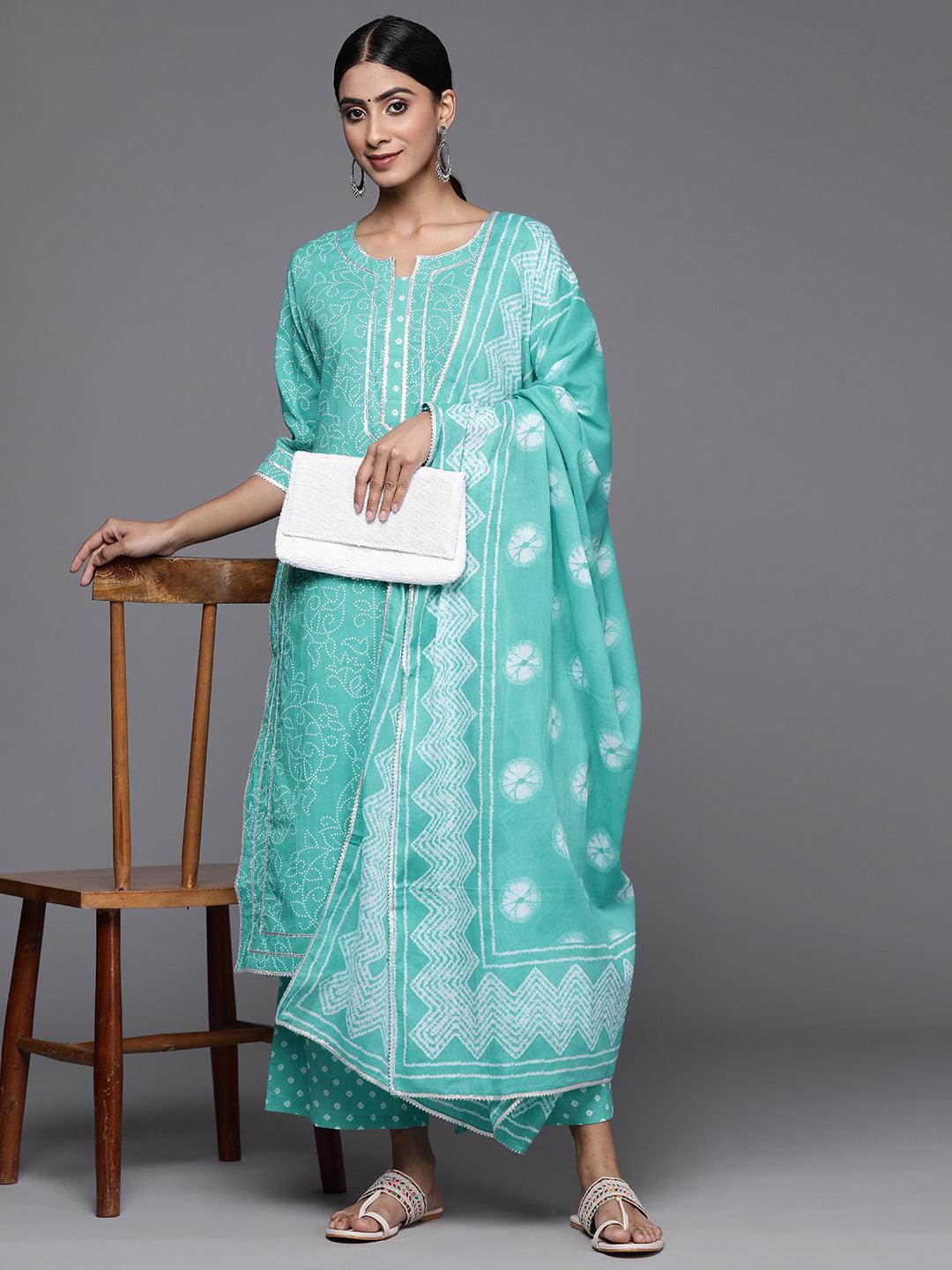 Turquoise Blue Printed Cotton Straight Kurta With Palazzos & Dupatta - Libas 