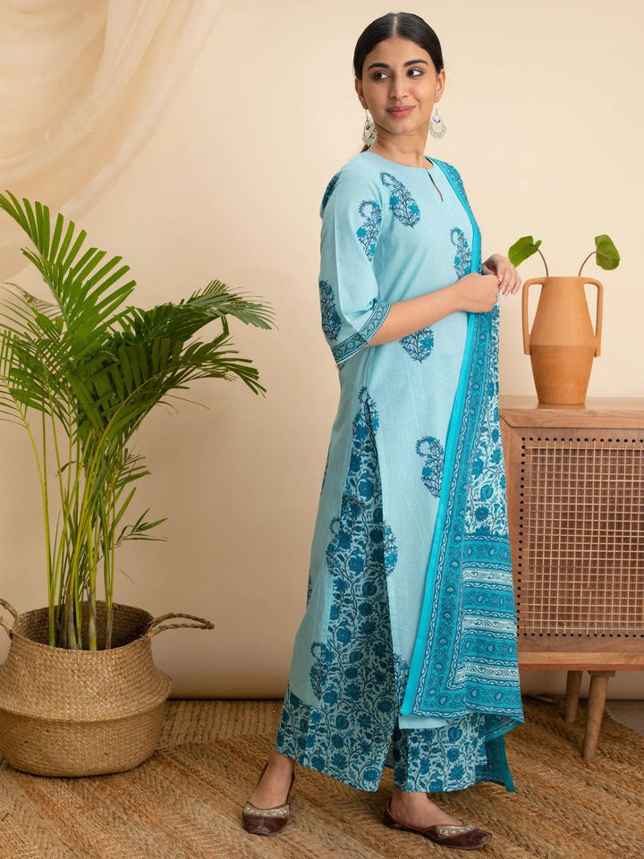 Turquoise Blue Printed Cotton Suit Set - Libas