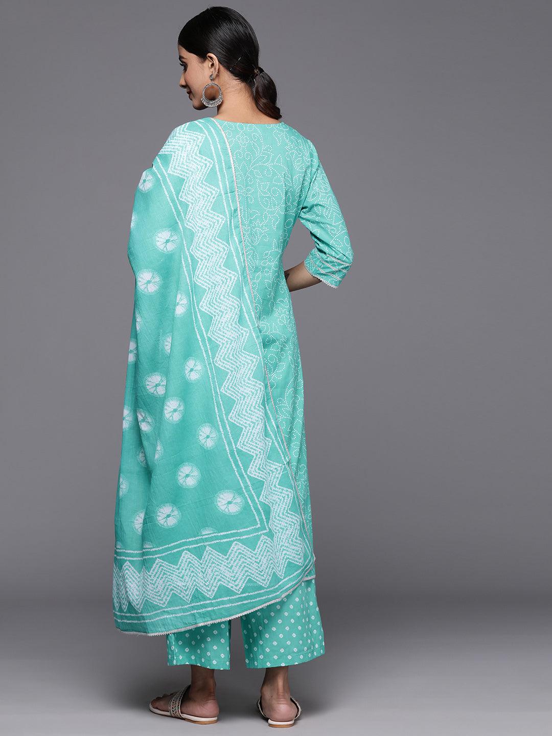 Turquoise Blue Printed Cotton Straight Kurta With Palazzos & Dupatta - Libas 